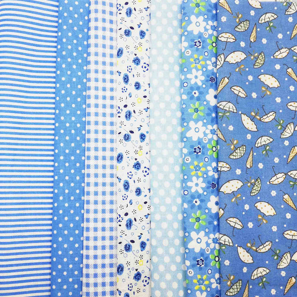 Lot de 7 coupons tissu patchwork bleu 24 x 24 cm
